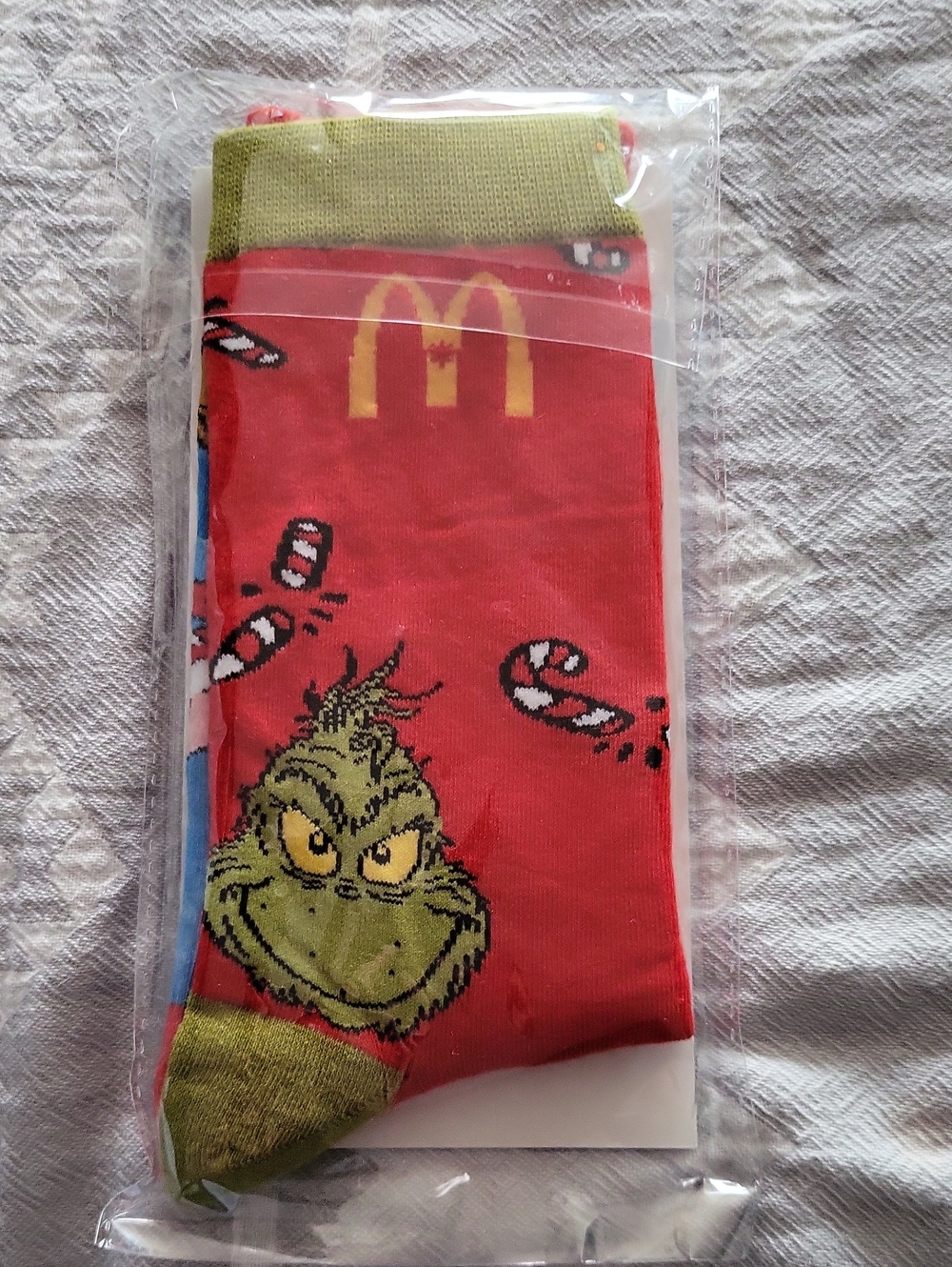 McDonald's Red and Green Grinch Crew Socks with Yellow Arches